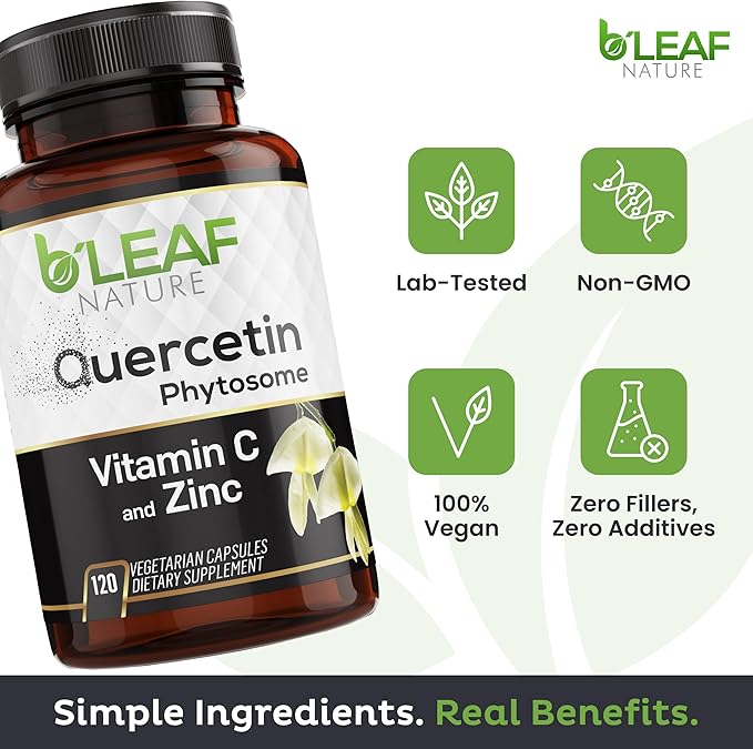 B'LEAF NATURE Quercetin Phytosome 120 Capsules – 1000mg High Absorption Quercetin with Vitamin C and Zinc – Non-GMO Vegetarian Quercetin Supplement for Immune Energy and Seasonal Support