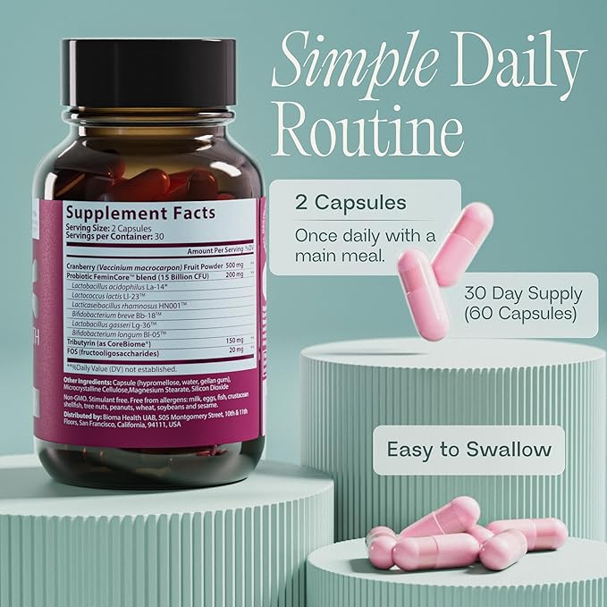 BIOMA Feminine Health Synbiotic - Women's Health Supplement for Healthy Vaginal pH Urinary Tract &amp Digestive Support - with Probiotics Cranberry &amp Tributyrin - 180 Capsules (3 Pack 90-Day S