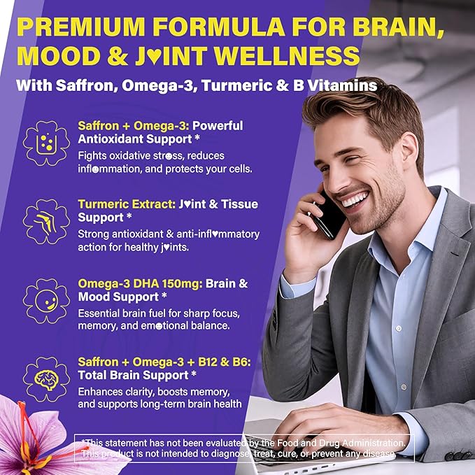 Saffron Supplements - 100mg Liposomal High Absorption 100% Pure Saffron Extract with Magnesium Glycinate Omega-3 Turmeric Ashwagandha Vitamin B6 B12 D3 for Mood Brain - 60 Softgels.