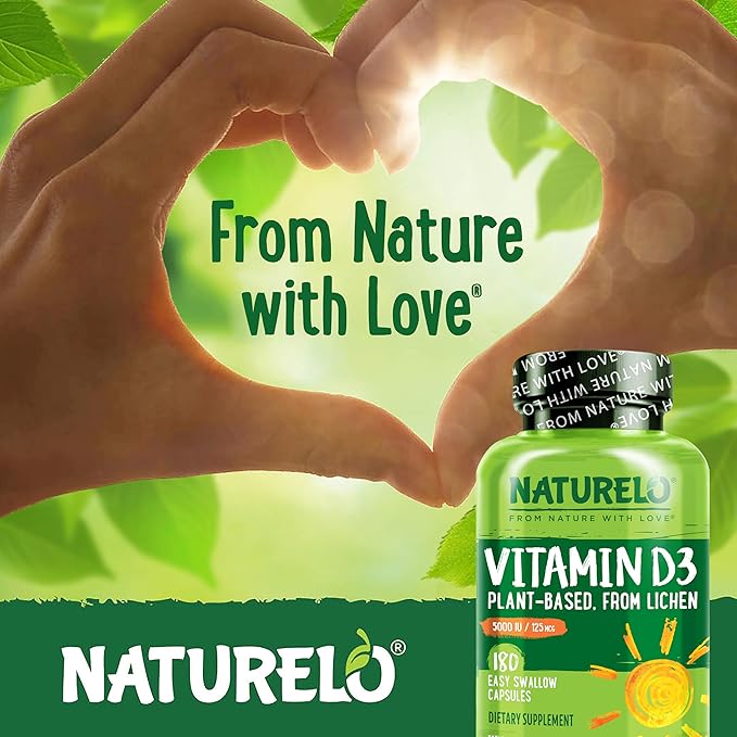 NATURELO Vitamin D - 5000 IU - Plant Based from Lichen - Natural D3 Supplement for Immune System Bone Support Joint Health - High Potency - Vegan - Non-GMO - Gluten Free - 180 Capsules (Pack of 2)