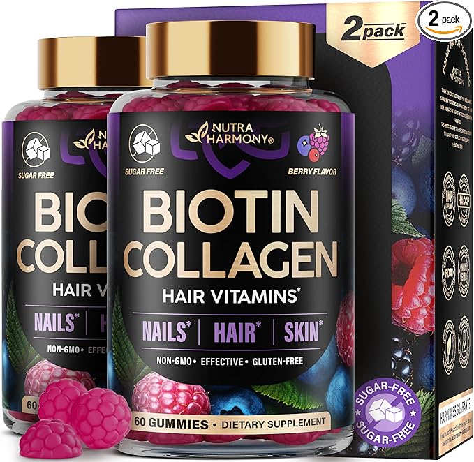 Biotin Gummies with Collagen - Hair Growth Support Skin &amp Nail Strength - for Women &amp Men - Biotin 10000mcg | Keratin | Hyaluronic Acid | B-Complex | Saw Palmetto - Sugar-Free Mixed Berry P