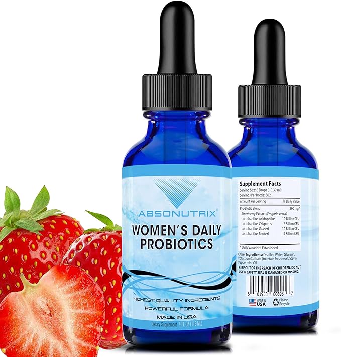 Absonutrix Women’s Daily Probiotics 390 mg 4 Oz Liquid 302 Servings Made in USA Quick Absorption Quality Potent Ingredients Non-GMO GMP Certified Facility Cruelty-Free Products