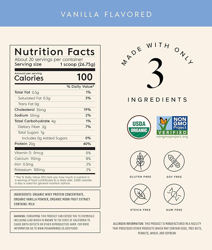 Truvani Organic Whey Protein Powder | Vanilla | 20g Grass Fed Whey Protein | 20 Servings | USDA Organic &amp Non-GMO | Gluten Free | No Gums No Soy No Stevia No Added Sugars