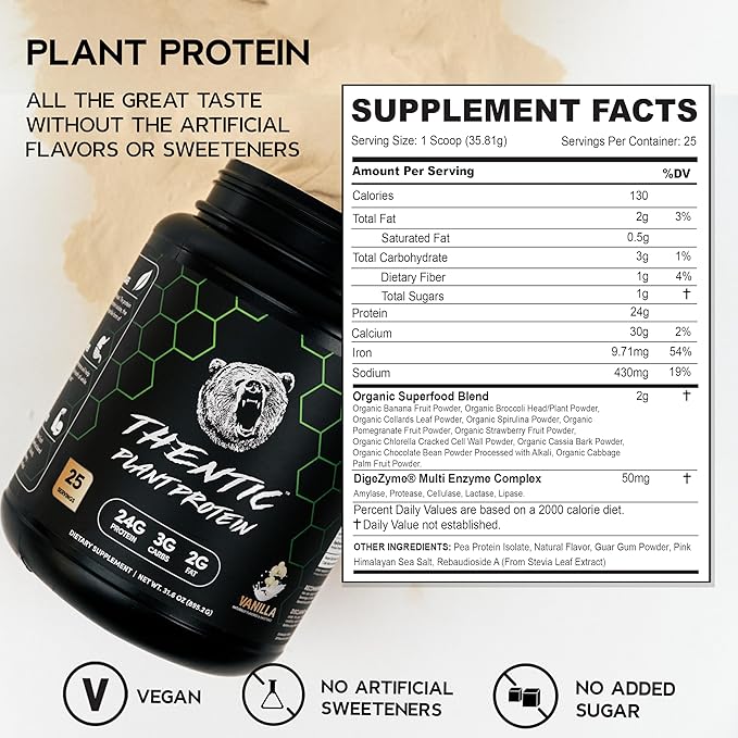 THENTIC Plant Based Protein Powder - Non Dairy Vegan Protein Zero Artificial Ingredients Soy&ampGluten FreeNo Added Sugar 5.8g BCAADigestive EnzymesOrganic Superfoods.25 Servings (Vanilla) 1.9