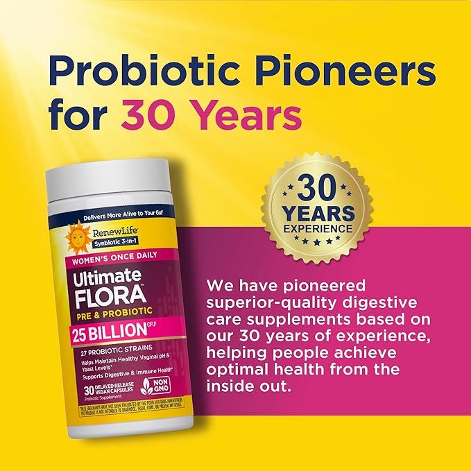 Renew Life Ultimate Flora Women's Probiotic and Prebiotics | 25 Billion CFU | 30 Delayed Release Capsules | 3 in 1 Synbiotic | Supports Digestive and Immune Health | Dairy Soy and Gluten-Free
