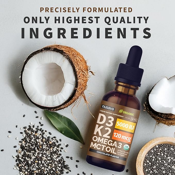 (2 Pack) Organic Vitamin D3 K2 Drops with MCT Oil Omega 3 5000 IU Maximum Strength Vitamin D Liquid No Fillers Non-GMO Liquid D3 for Faster Absorption and Immune Support (Chocolate 2 Fl Oz)