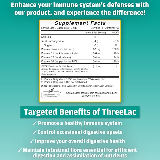 Global Health Trax GHT - ThreeLac Probiotic Capsules 120 Count - Comprehensive Digestive Support for Men Women and Children - Immune System and Gut Balance Non-GMO