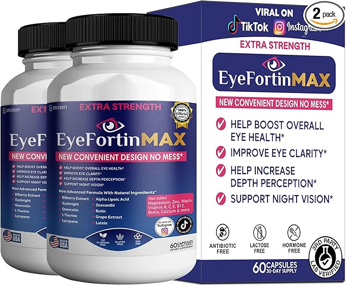 EyeFortin MAX Eye Health Supplement 60 Capsules Extra Strength with Lutein Vitamins A C E B12 Bilberry Extract 30 Day Supply (2)