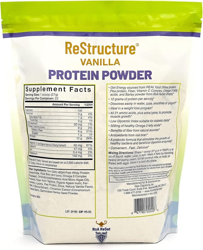 RnA ReSet - ReStructure Protein Powder Keto Paleo Formula 1G Sugar 1G Net Carb Only 80 Calories per Serving. Creamy Vanilla Non GMO - by Dr. Carolyn Dean