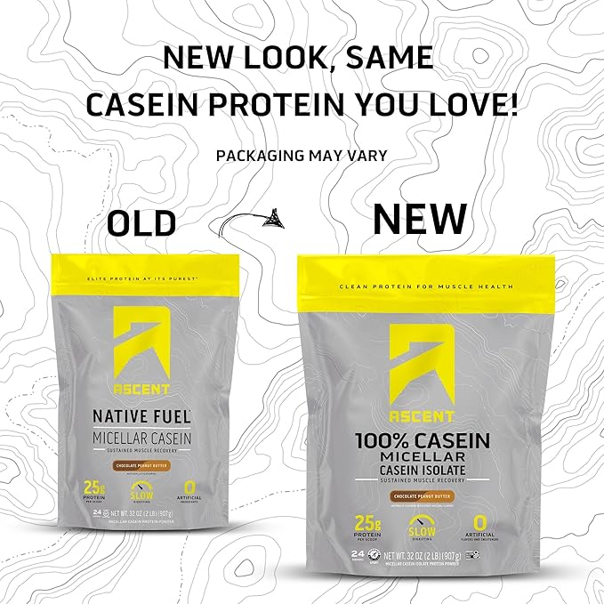 Ascent Casein Protein Powder - 25g Micellar Casein Powder with Zero Artificial Flavors &amp Sweeteners Gluten Free No Added Sugar 4.9g BCAA 2.2g Leucine - Chocolate Peanut Butter 2 Pounds