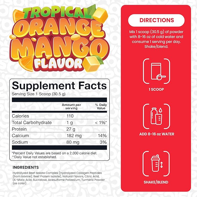Hydrolyzed Clear Beef Isolate Protein Powder 27g Protein 9 Essential Amino Acids Fat-Free Dairy-Free Sugar-Free Lactose-Free Supports Muscle Protein Synthesis