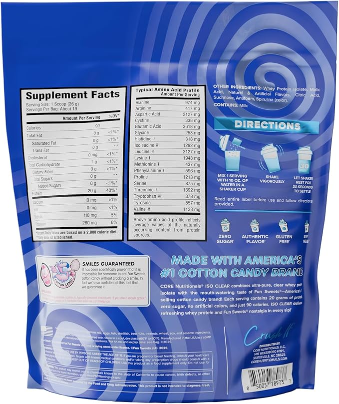 Core Nutritionals Iso Clear Whey Protein Isolate | Low Calorie Carb &amp Fat | Lactose Free &amp Easy to Digest | 20g Protein Zero Sugar | 1.1 Pound (Fun Sweets Blue Raspberry)