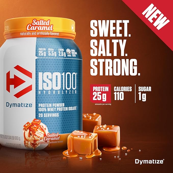 Dymatize ISO100 Whey Protein Powder Isolate Salted Caramel 25g of Protein 5.5g BCAAs Less Than 120 Cal. Gluten Free 1g Fat 1g Sugar 2g Carb (20 Servings)