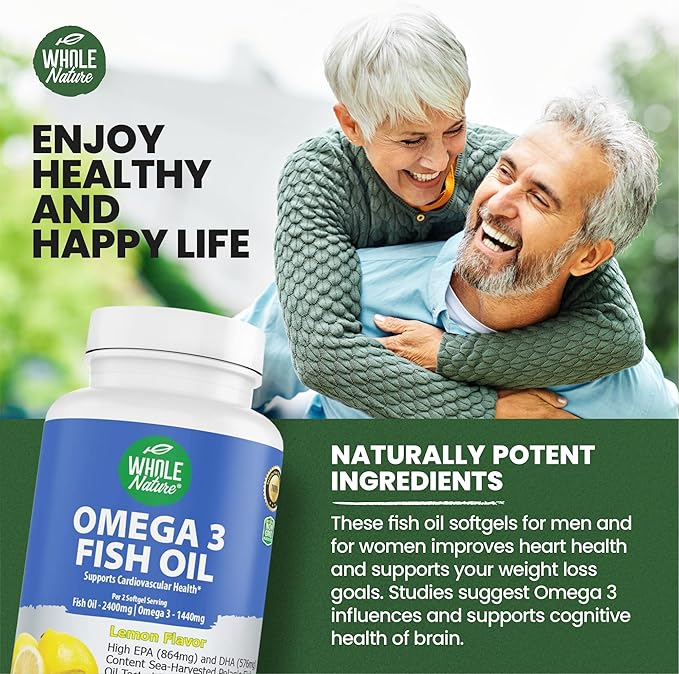 Omega 3 Fish Oil Supplements Maximum Strength 2400 mg Omega-3 1440mg Fish Oil EPA DHA Fatty Acids Heart Health Vision Eye Brain Immune Support for Women &amp Men. Natural Lemon Flavor 180ct
