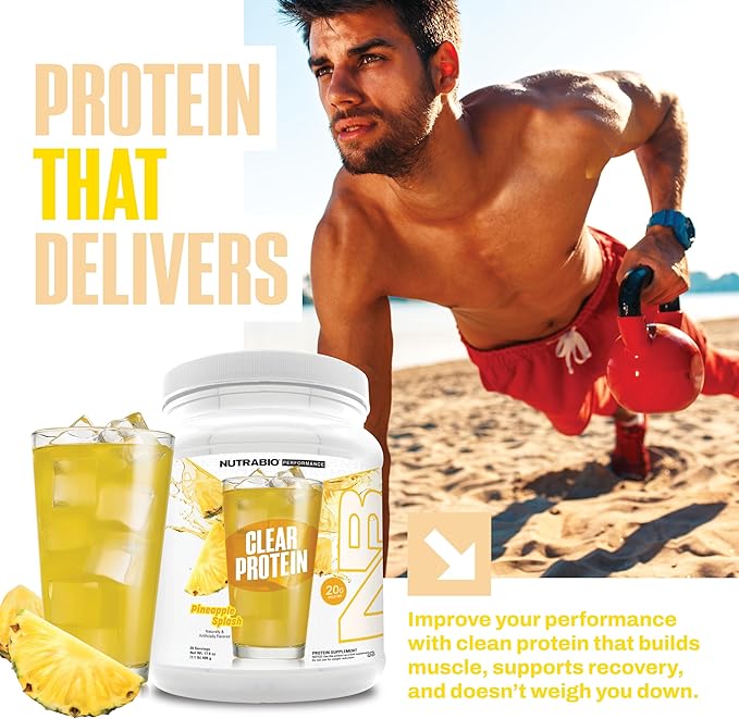 NutraBio Clear Protein Powder Pineapple Splash - 20 Servings 20g Clear Whey Protein Isolate 0 Sugar 0g Lactose Refreshing Fruit Flavors GLP1 Support - Bone Health - Muscle Post Workout Recovery