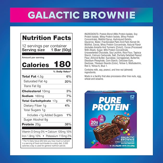 Pure Protein Galactic Brownie &amp Chocolate Chip Protein Bars Bundle - 12 Count Boxes | 20g High Protein Gluten Free Low Sugar Great Taste!