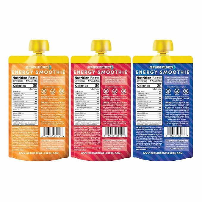 Designer Wellness Energy Smoothie Real Fruit 100mg Natural Caffeine 5g Protein Low Carb Zero Added Sugar Gluten-Free Variety Pack 12 Count