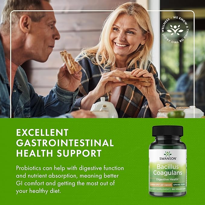 Swanson Bacillus Coagulans Spore-Form Probiotic for Adults Seeking Shelf-Stable Digestive Support with 6 Billion CFU - Acid-Resistant (60 Vegan Capsules)