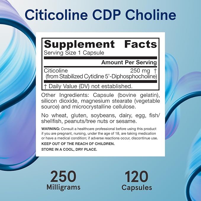 Jarrow Formulas Citicoline CDP 250 MG CDP Choline Supplements Support Brain Health Performance and Memory 120 Capsules Up to a 120 Day Supply