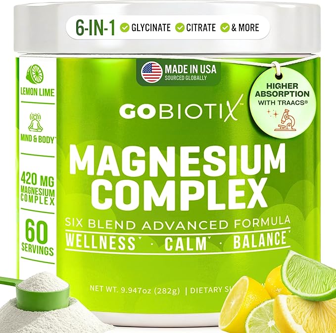 GoBiotix Magnesium Glycinate Powder – Cortisol Supplements for Women and Men – High Absorption Magnesium Complex Calm Supplement with Citrate Malate – Sugar Free – 420 mg 60 Servings - Lemon Lime