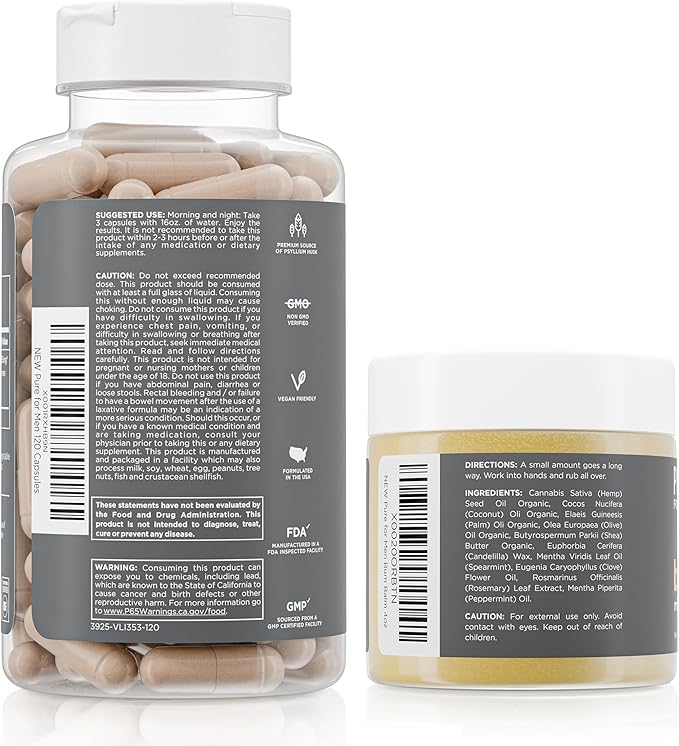 Pure for Men Stay Ready Fiber Supplement (120 Count) + Bum Balm Raw Lotion for Men