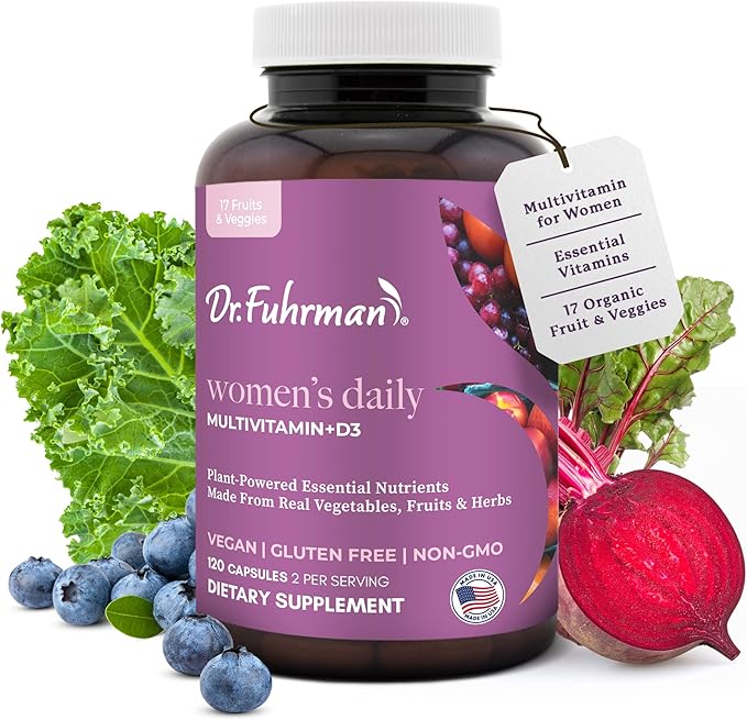 Dr. Fuhrman 2 Month Supply Multivitamin for Women + D3 Vitamin for Immune Support | Vegan Formula Womens Multivitamin with B12 &amp Zinc | Whole Food multivitamin with 17 Fruits &amp Veggies | Non G