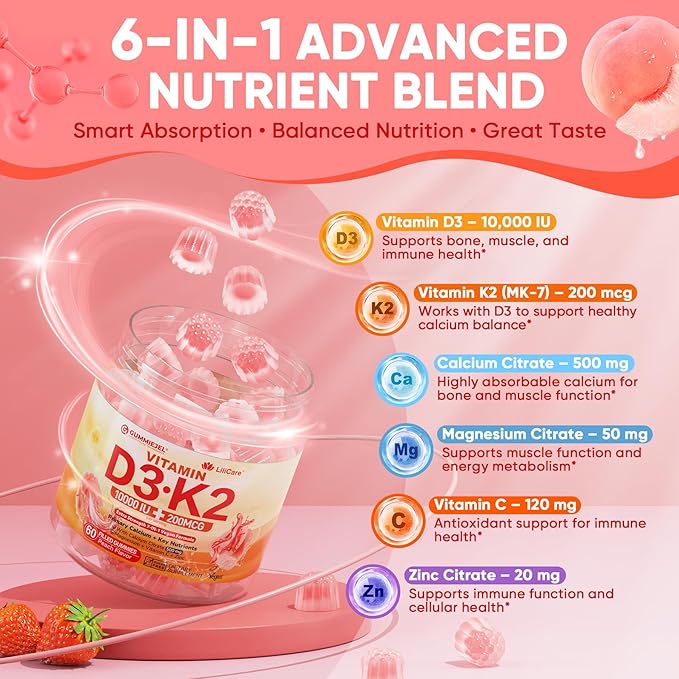 Vitamin D3 K2 Filled Gummies 5000IU / 10000 IU with 500mg Calcium + K2(MK-7) 200mcg Magnesium Vitamin C &amp Zinc Extra Strength - Ultimate Absorbency for Bones Muscles Teeth Vegan -- Pack of 2