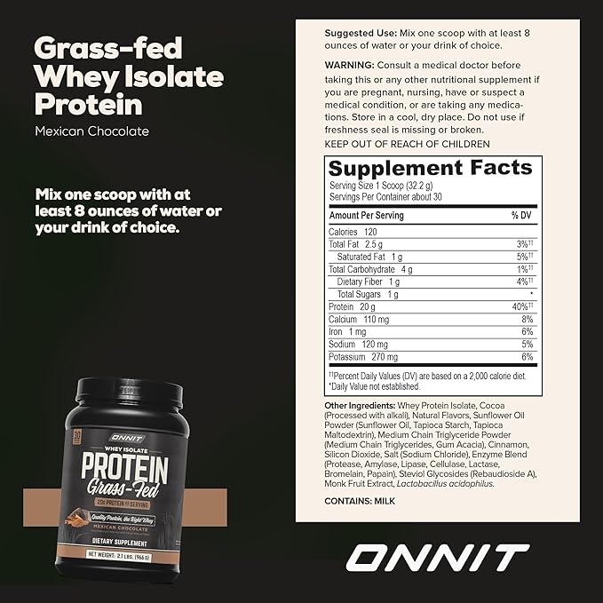 ONNIT Grass Fed Whey Isolate Protein Powder Protein Powder Dietary Supplement to Support Muscle Gain and Workout Recovery 30 Servings per Tub 30.7 oz (Chocolate)