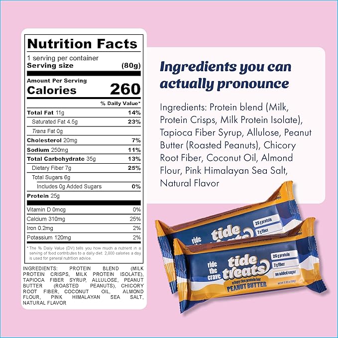 Crispy Rice Protein Treat Peanut Butter Bar | 25 g Protein No Added Sugar 7 g Fiber Gluten Free | High Protein Snack for On-the-Go Post-Workout or Dessert Cravings | 8 Count | TideTreats