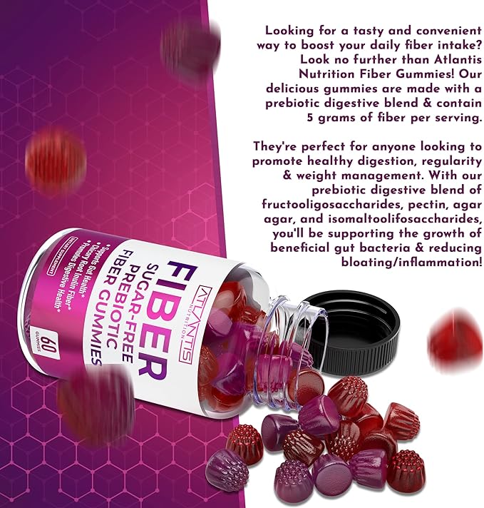 Atlantis Nutrition Sugar Free Fiber Gummies for Adults - 5G Fiber Supplement Formulated with 5.4G Prebiotic Digestive Blend - Supports Gut Health &amp Promotes Healthy Digestion - 2-Pack 120 Gummies