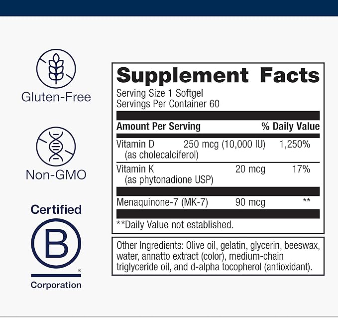 Metagenics Vitamin D3 + K - for Artery Health Immune Support Bone &amp Heart Health* - Vitamin D with MK-7 (Vitamin K2) - Non-GMO - Gluten-Free - 60 Softgels - 10000 IU