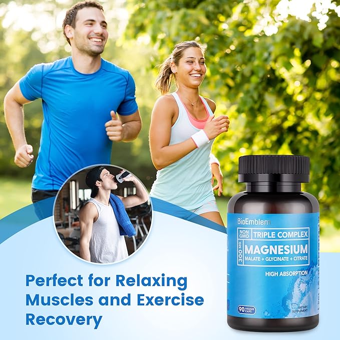 BioEmblem High Absorption Triple Magnesium Complex 300mg | Magnesium Glycinate for Nerves Malate for Energy Supplement to Support Muscle Health | Vegan Non-GMO 270 Capsules