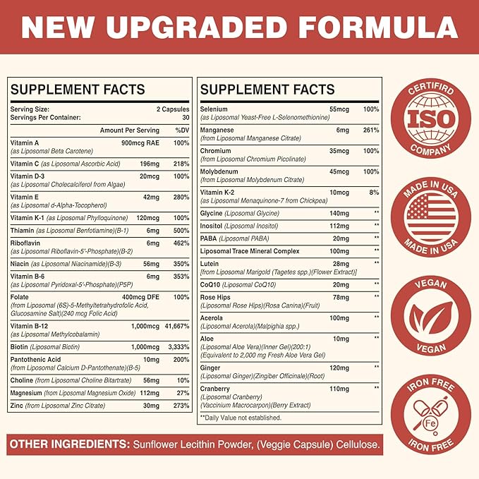Liposomal Multivitamin for Women 50+ - Women Daily Multivitamin with 32 Ingredients CoQ10 Vitamins C B D E for Cardiovascular &amp Bone Health Support - Iron-Free (60 Capsules)
