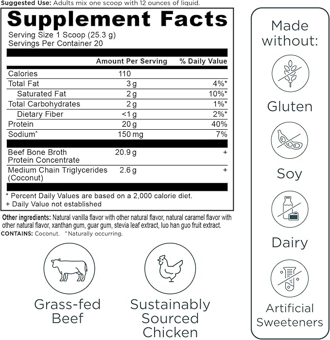 Ancient Nutrition Bone Broth Protein Powder Salted Caramel 19g Protein per Serving Beef Supports Healthy Skin Gut Health Joint Supplement Gluten Free Paleo and Keto Friendly 20 Servings