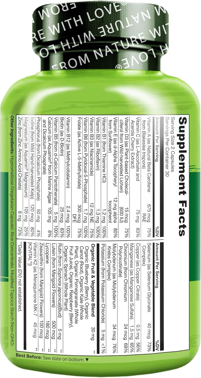 NATURELO Teen Multivitamin - Whole Food Multivitamin for Teenage Boys - Minerals Supplement for Active Kids - with Plant Extracts - Non-GMO - Vegan &amp Vegetarian - 60 Capsules (Pack of 2)