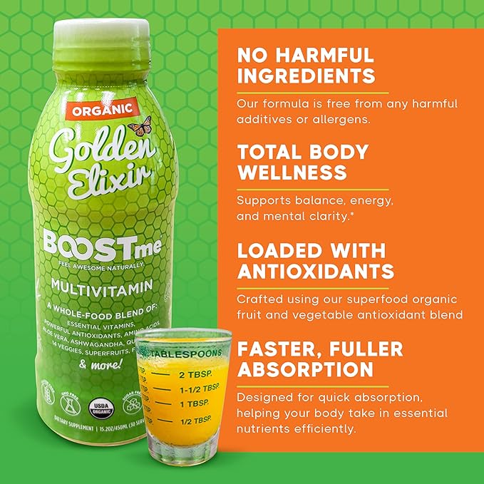 BoostMe Golden Elixir Liquid Multivitamin - Daily Vitamins Superfood with Antioxidant Blend &amp Balanced Wellness Formula Liquid - Plant-Based Immune Support Supplement for Everyday Balance &amp He