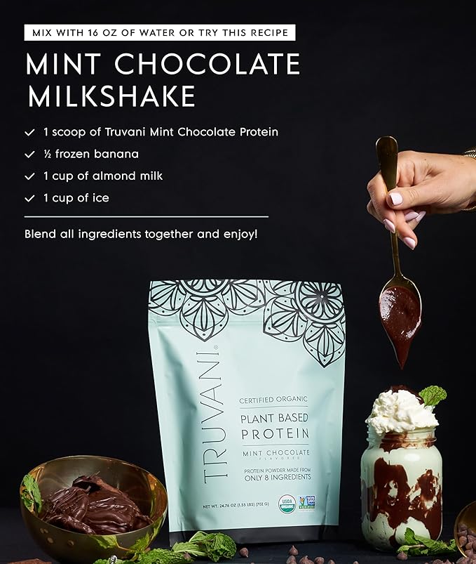 Truvani Vegan Pea Protein Powder | Mint Chocolate | 20g Organic Plant Based Protein | Single Serving Travel Packets | 10 Servings | Keto | Gluten &amp Dairy Free | Low Carb | No Added Sugar