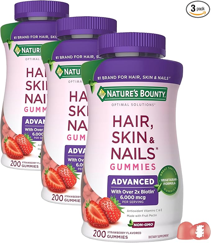 Nature's Bounty Optimal Solutions Advanced Hair Skin and Nails Pectin Gummies 2X Biotin Per Serving No Stick Gummy Vegetarian Formula Strawberry Flavor 200 ct 100 Total Servings (Pack of 3)