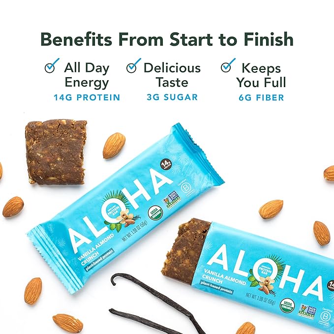 ALOHA Organic Plant Based Protein Bars Vanilla Almond Crunch 1.98-Ounce Bars (Pack of 12)