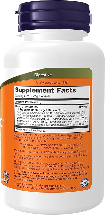 NOW Foods Probiotic-10™ 25 Billion with 10 Probiotic Strains Dairy Soy and Gluten Free Strain Verified 180 Veg Capsules