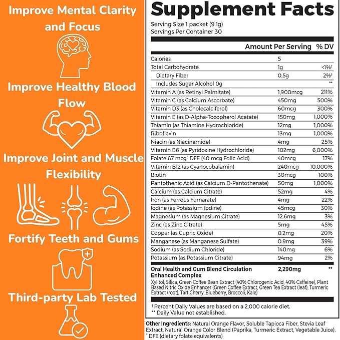 Dr. Nick's Multivitamin Powder for Women 30 Pack Orange Splash Multivitamin for Women with 32 Vitamins and Minerals Sugar Free Non-GMO Vegan Gluten-Free Potent Probiotics Antioxidant