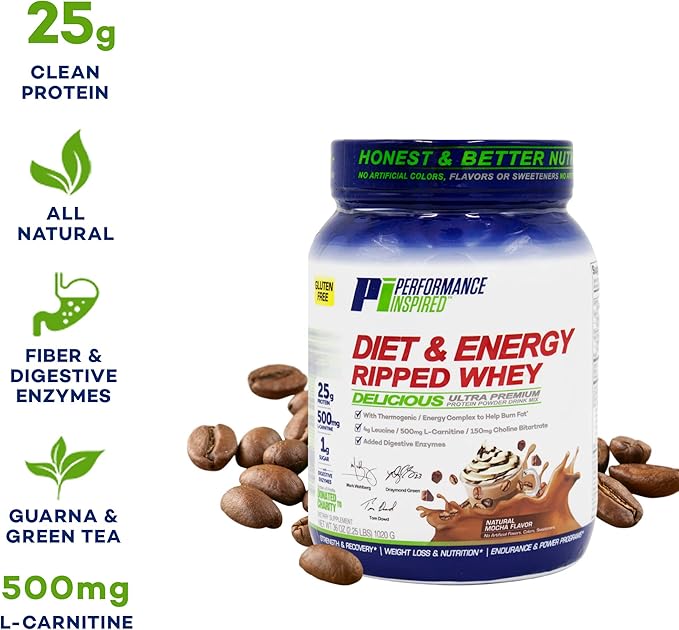 Performance Inspired Nutrition Ripped Whey Protein – 25G Protein – 4G Leucine – L-Carnitine – Green Tea Extract – Mocha – 2.25 lbs