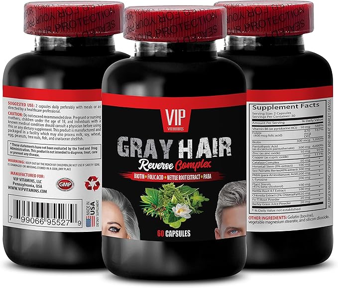 Biotin - GRAY HAIR REVERSE COMPLEX - Catalase Complex Horsetail Aerial Saw Palmetto Berries PABA Stinging Nettle Root Fo-Ti Root Powder Barley Grass Juice Powder 2 Bottles 120 Capsules