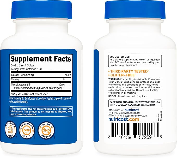Nutricost Astaxanthin 12mg Non-GMO and Gluten Free 120 Softgels (4 Month Supply) (Pack of 2)