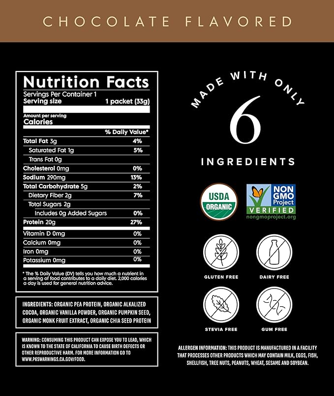 Truvani Vegan Pea Protein Powder | Chocolate | 20g Organic Plant Based Protein | Single Serving Travel Packets | 10 Servings | Keto | Gluten &amp Dairy Free | Low Carb | No Added Sugar