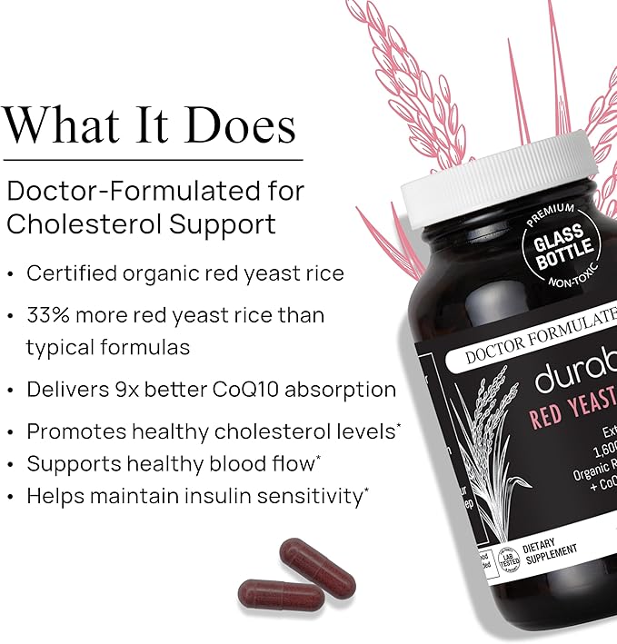Durable RED Yeast Rice – Organic 1600 mg Extra Strength + CoQ10 Phytosome – Supports Healthy Cholesterol Heart Lipids &amp Circulation – Doctor Formulated Non-GMO Vegan Made in USA (180 Capsule