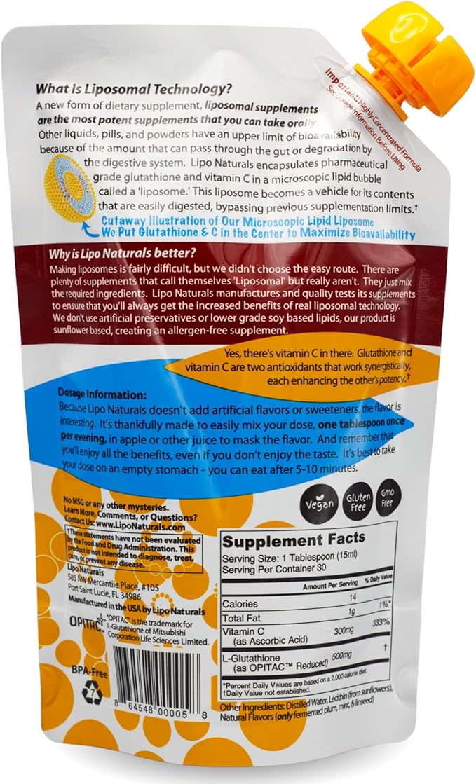Lipo Naturals Liposomal Glutathione Complex Liquid (30 Doses) - Natural Formula Immunity + Liver Health + Anti-Aging Support with Vitamin C - Vegan China-Free (15oz / 443ml)
