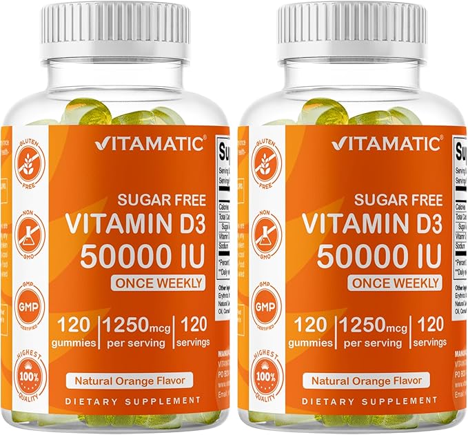 Vitamatic Sugar Free Vitamin D3 50000 IU Weekly Supplement - 120 Pectin Based Gummies - Vitamin D Capsules for Bones Teeth and Immune Support (50000 IU) - 2 Pack