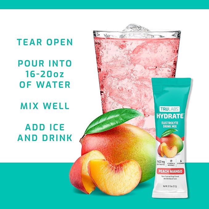 TRULABS Hydrate - Peach Mango. Sugar Free Electrolytes Hydration Packets. Each Serving Contains 1422 mg of Electrolytes &amp19 Vitamins &amp Minerals (16 ct)