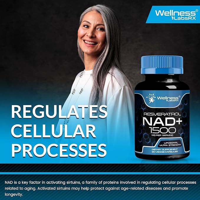 WELLNESS LABSRX Liposomal NAD Supplement 1500mg - USA Made NAD Resveratrol Supplement for Women and Men NAD+ Support Cellular Health Energy &amp Anti Aging - 90 Count